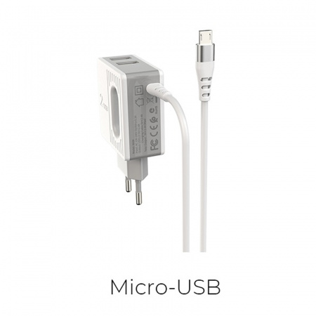 Зарядное устройство BOROFONE BA34 Power essence 2*USB, 2.4A, белый, кабель micro USB