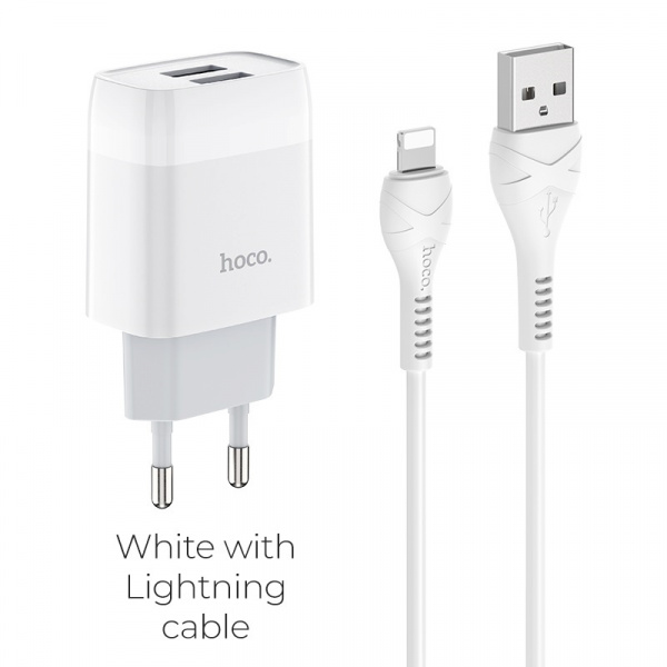 Зарядное устройство HOCO C73A Glorious, 2.4A, белый, кабель Lightning